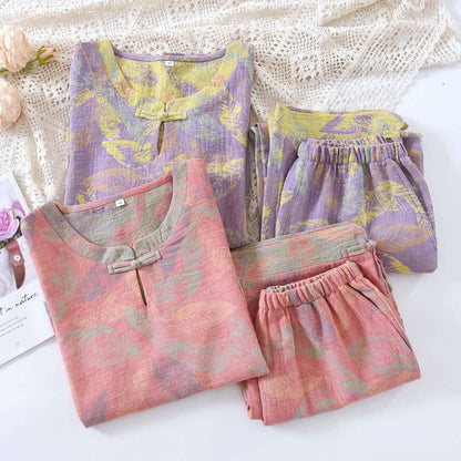 Pyjama-Set im orientalischen Stil mit Blattmotiven aus reiner Baumwolle - image 1
