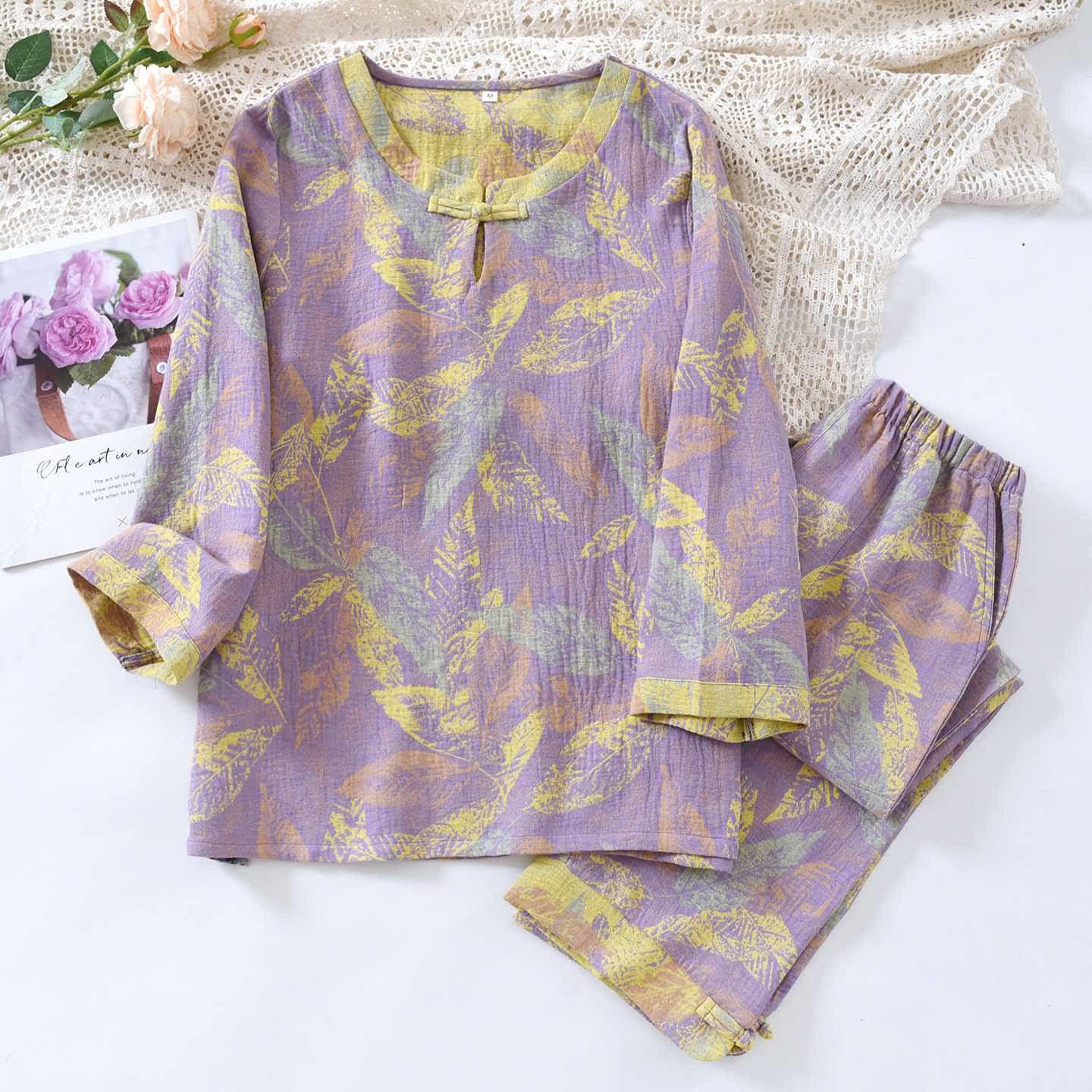 Pyjama-Set im orientalischen Stil mit Blattmotiven aus reiner Baumwolle - Lila - XL - image 2