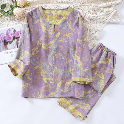 Pyjama-Set im orientalischen Stil mit Blattmotiven aus reiner Baumwolle - Lila - XL - image 2