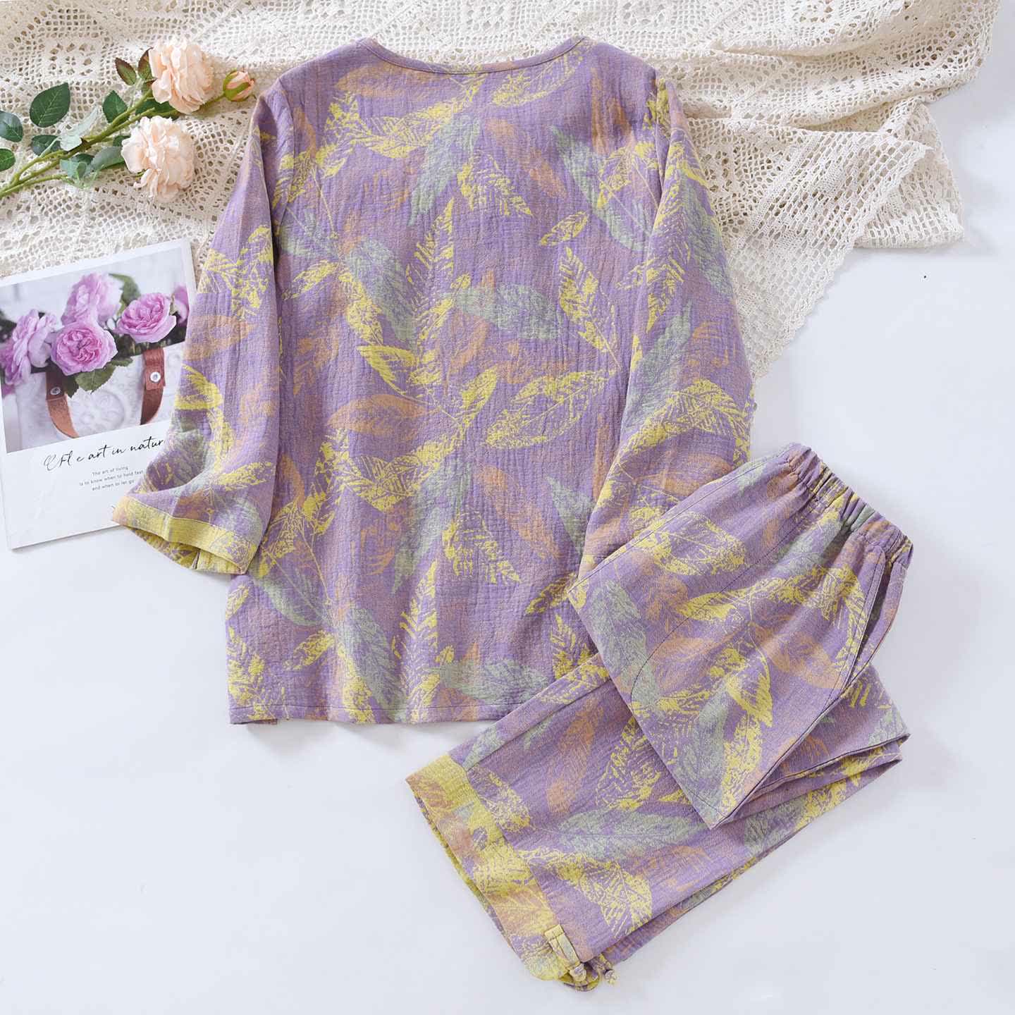 Pyjama-Set im orientalischen Stil mit Blattmotiven aus reiner Baumwolle - image 3