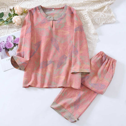 Pyjama-Set im orientalischen Stil mit Blattmotiven aus reiner Baumwolle - Rosa - XL - image 9