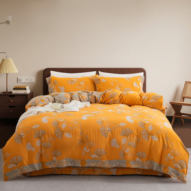 Bettwäsche-Set aus Baumwollgaze mit Knöpfen und Ginkgoblättern (4-teilig) - Orange & Grau - 220cm x 240cm - image 30