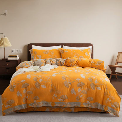 Bettwäsche-Set aus Baumwollgaze mit Knöpfen und Ginkgoblättern (4-teilig) - Orange & Grau - 220cm x 240cm - image 30