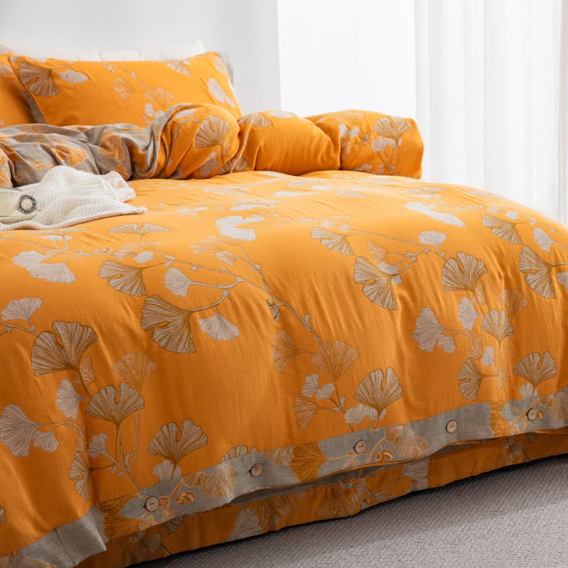 Bettwäsche-Set aus Baumwollgaze mit Knöpfen und Ginkgoblättern (4-teilig) - image 33