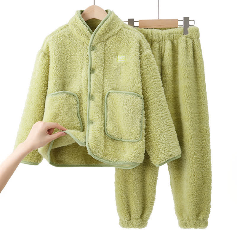 Kinder-Loungewear-Set aus Plüsch mit einfarbigen Knöpfen - Grün - Kind: 170 cm - image 13