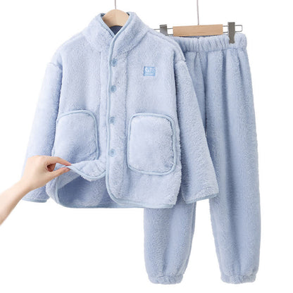 Kinder-Loungewear-Set aus Plüsch mit einfarbigen Knöpfen - Blau - Kind: 170 cm - image 0
