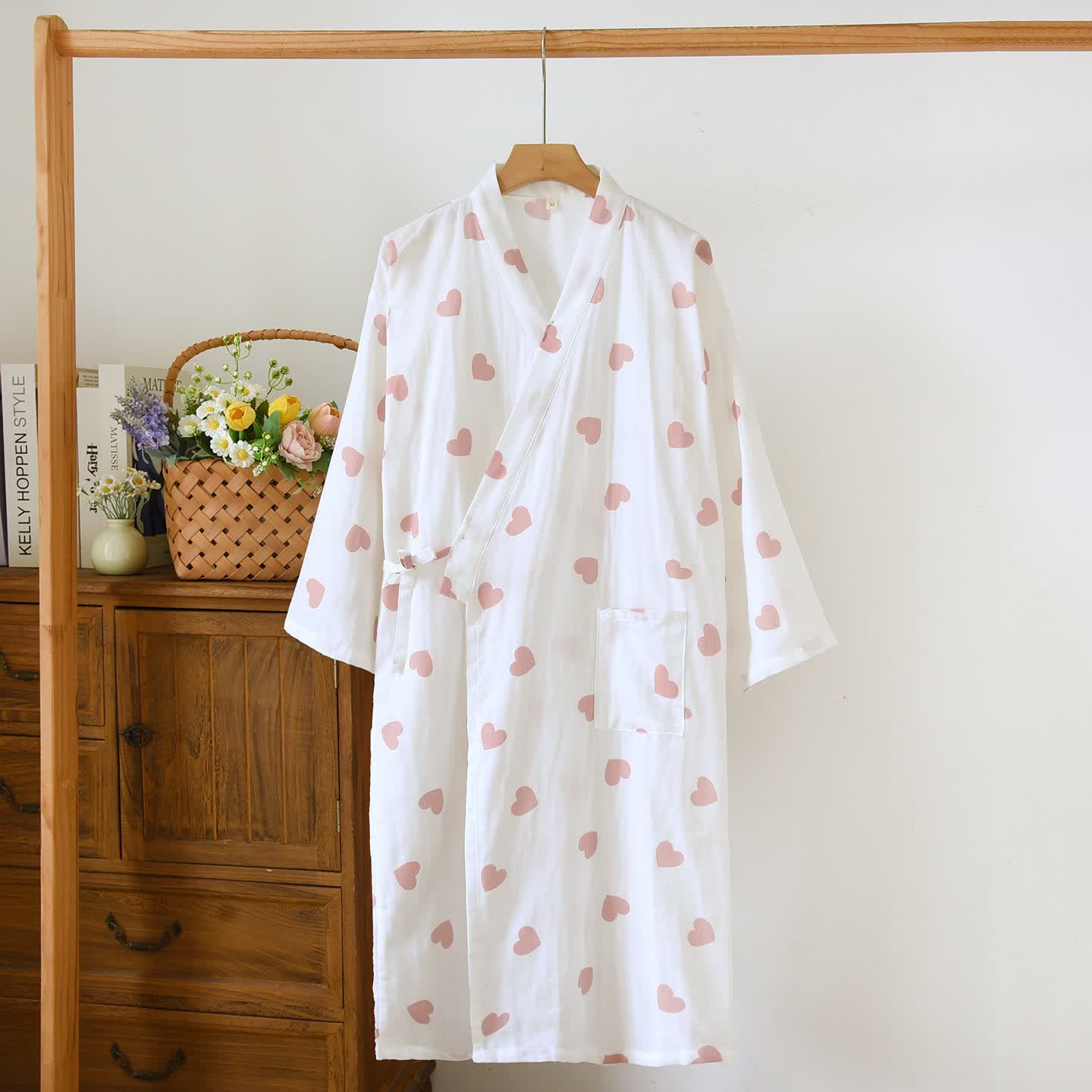 Kimono-Bademantel aus Baumwollgaze mit Herzmotiv - Weiß - L - image 12