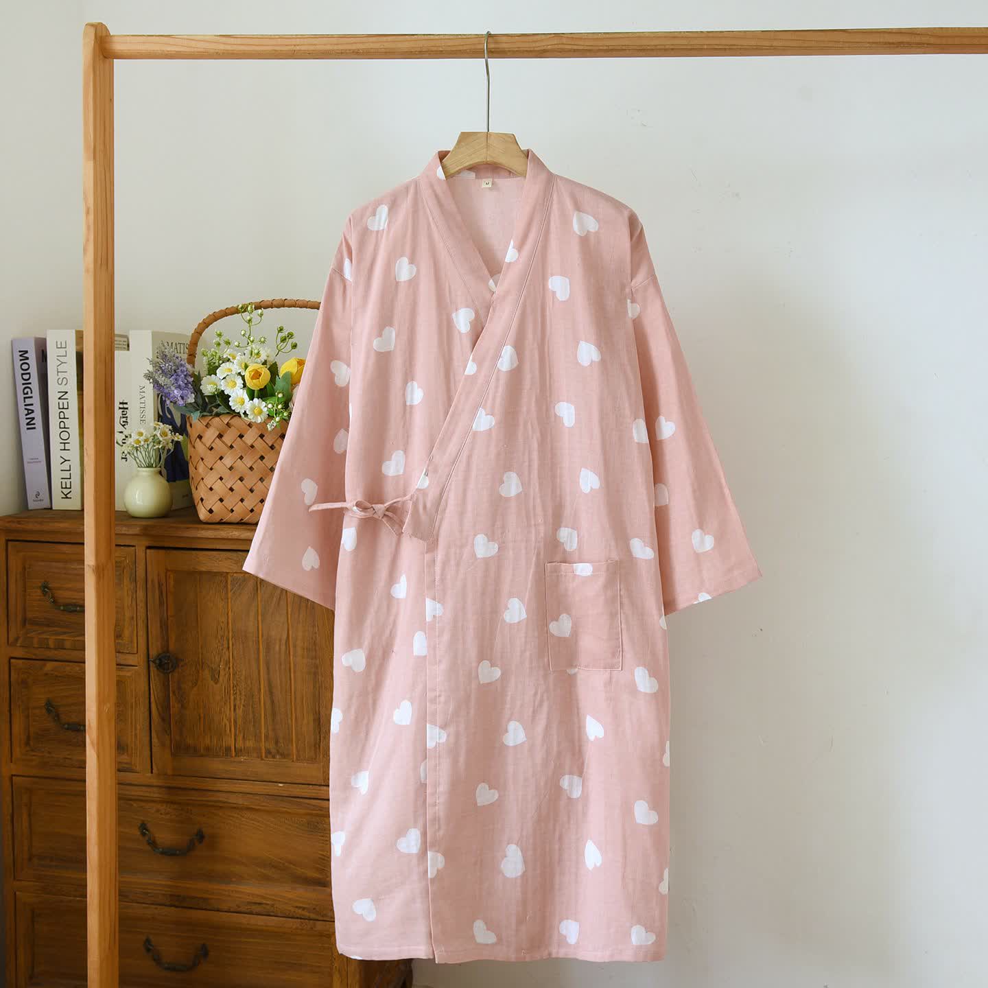 Kimono-Bademantel aus Baumwollgaze mit Herzmotiv - Rosa - L - image 2