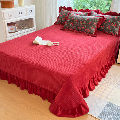 Vintage-Bettwäsche aus Samt mit Rosenmuster und Rüschen - Bettrock mit 2 Kissenbezügen - König - image 5