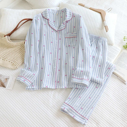 Pyjama-Set aus Baumwollgaze mit Streifen und Herzmuster - Blau - XL - image 3