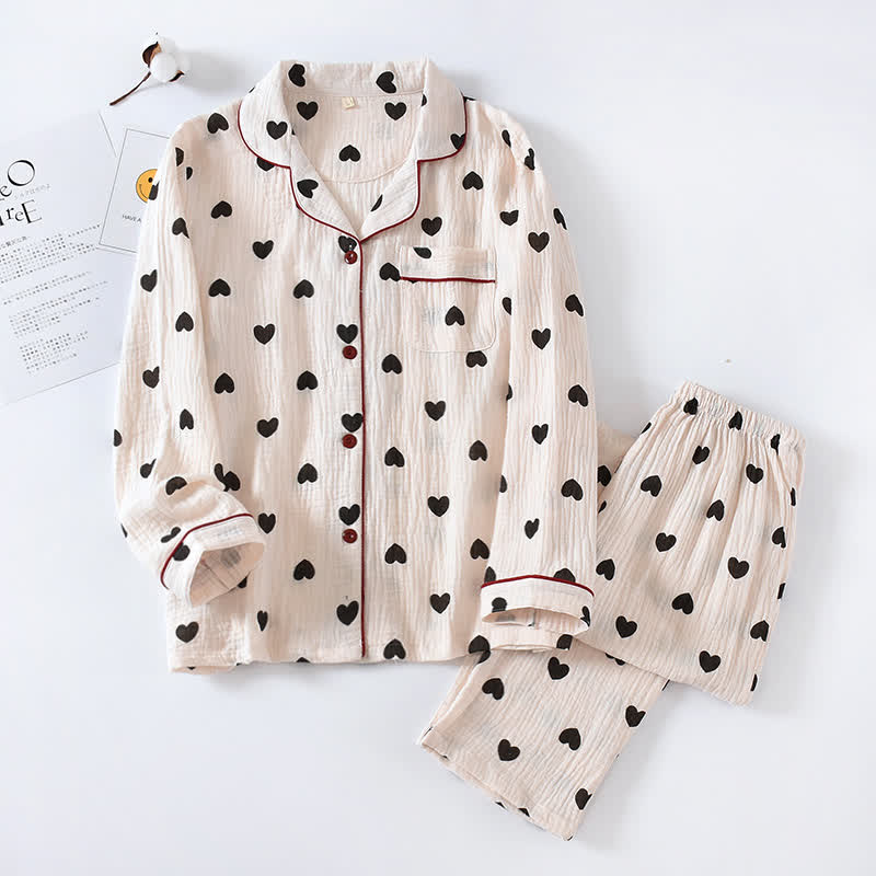 Schwarzes Herz-Pyjama-Set aus reiner Baumwolle - Beige - XL - image 0