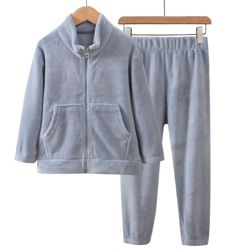 Warmer Kinderpyjama-Satz in Unifarbe mit Reißverschluss - Blau - Erwachsener: 180 cm - image 7