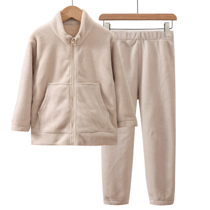 Warmer Kinderpyjama-Satz in Unifarbe mit Reißverschluss - Beige - Erwachsener: 180 cm - image 3