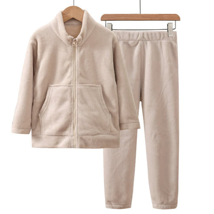 Warmer Kinderpyjama-Satz in Unifarbe mit Reißverschluss - Beige - Erwachsener: 180 cm - image 3