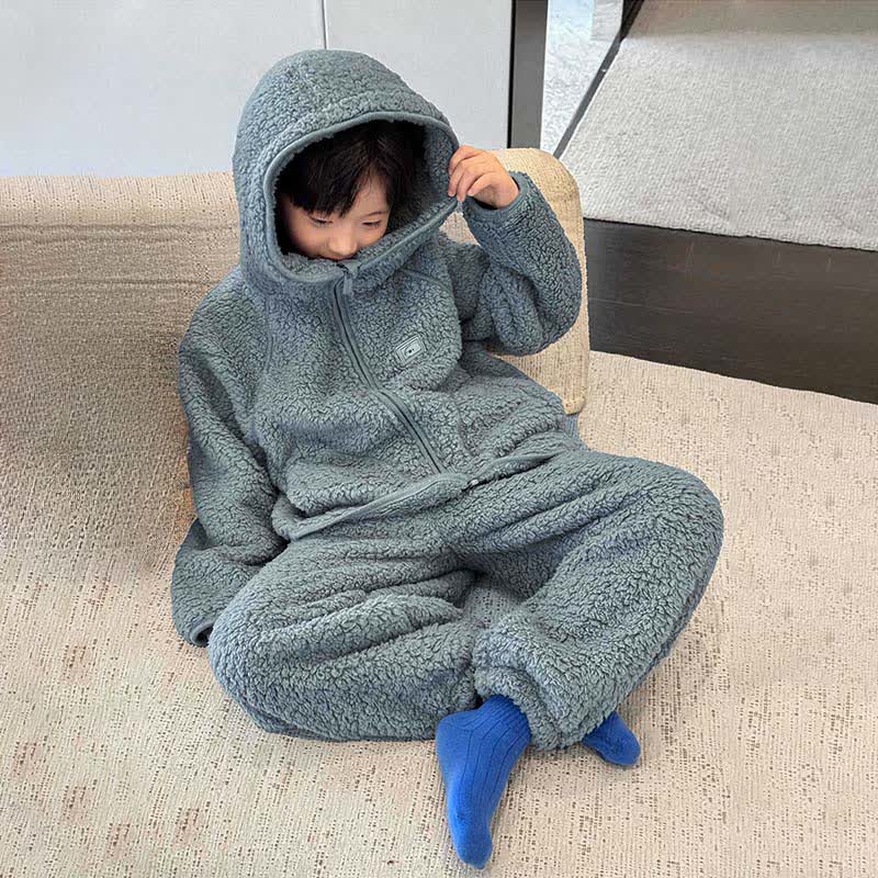 Einfarbiges Kinder-Loungewear-Set mit Kapuze und Reißverschluss - image 2