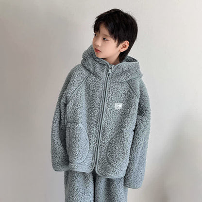 Einfarbiges Kinder-Loungewear-Set mit Kapuze und Reißverschluss - image 1
