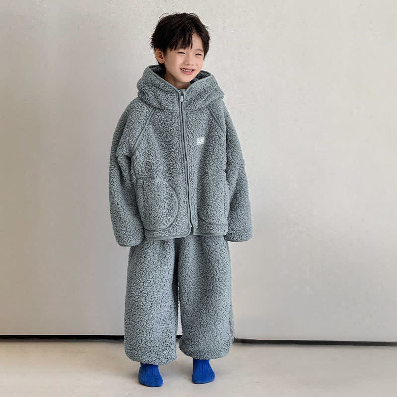 Einfarbiges Kinder-Loungewear-Set mit Kapuze und Reißverschluss - Blau - Kind: 170 cm - image 0