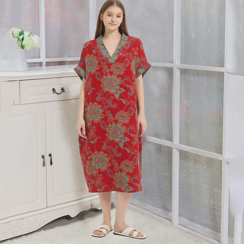Nachthemd aus doppellagigem Baumwollgaze mit Blumenmuster - Rot - XL - image 0