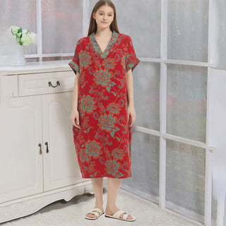Nachthemd aus doppellagigem Baumwollgaze mit Blumenmuster - Rot - XL - image 0