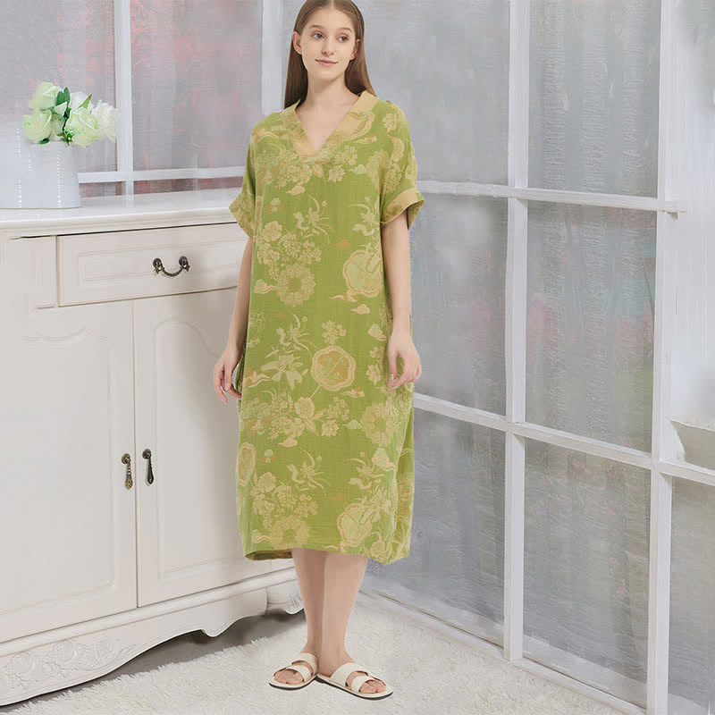 Kaftan-Nachthemd aus geblümtem Baumwoll-Doppelgaze - Grün - XL - image 0