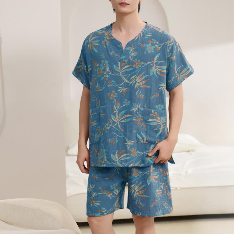 Atmungsaktives Kimono-Pyjama-Set aus Baumwollgaze - Blau - Männer: L - image 9