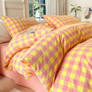 Bettwäsche-Set aus reiner Baumwolle mit Karomuster - Rosa und Gelb - Bettwäsche-Set - 220cm x 240cm - image 0