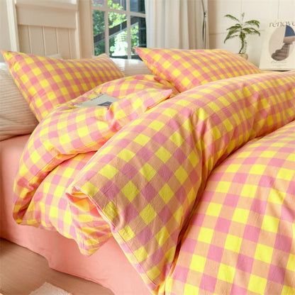 Bettwäsche-Set aus reiner Baumwolle mit Karomuster - Rosa und Gelb - Bettwäsche-Set - 220cm x 240cm - image 0