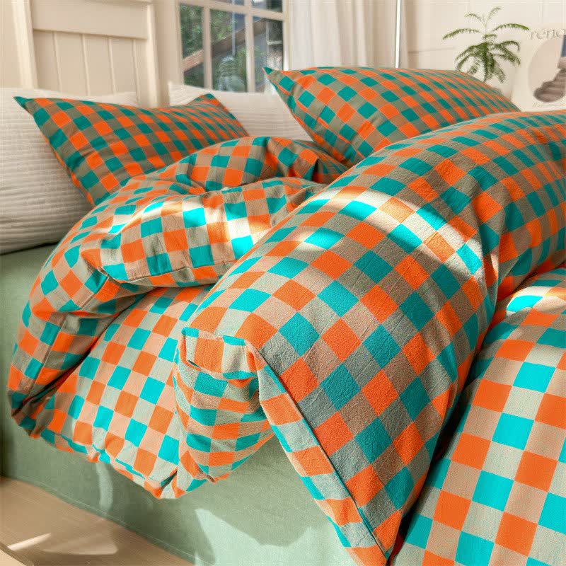 Bettwäsche-Set aus reiner Baumwolle mit Karomuster - Orange & Grün - Bettwäsche-Set - 220cm x 240cm - image 1
