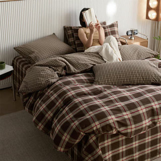 Großflächiges kariertes Baumwollbettwäsche-Set - Kaffee - 220cm x 240cm - image 0