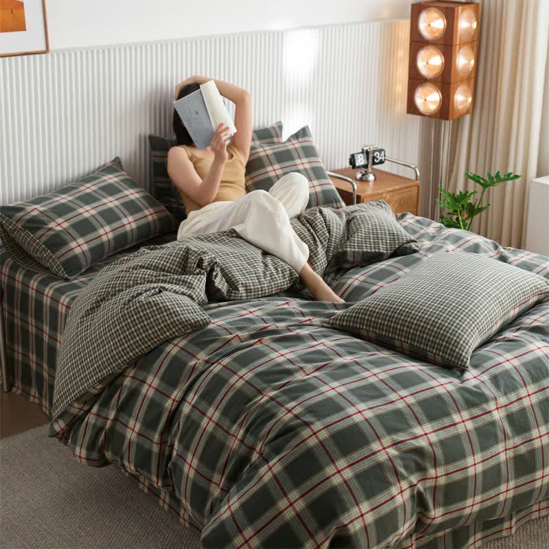 Großflächiges kariertes Baumwollbettwäsche-Set - Grün - 220cm x 240cm - image 4
