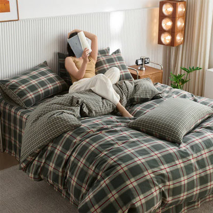 Großflächiges kariertes Baumwollbettwäsche-Set - Grün - 220cm x 240cm - image 4