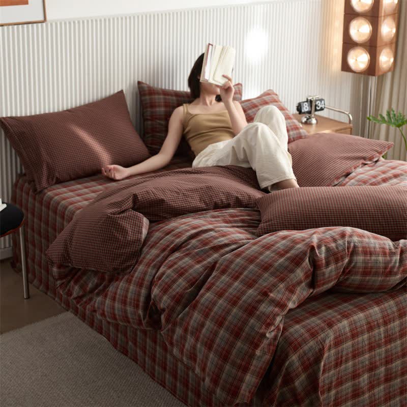 Vintage Bettwäsche-Set aus Baumwolle mit dezentem Karomuster - Rot - 220cm x 240cm - image 0