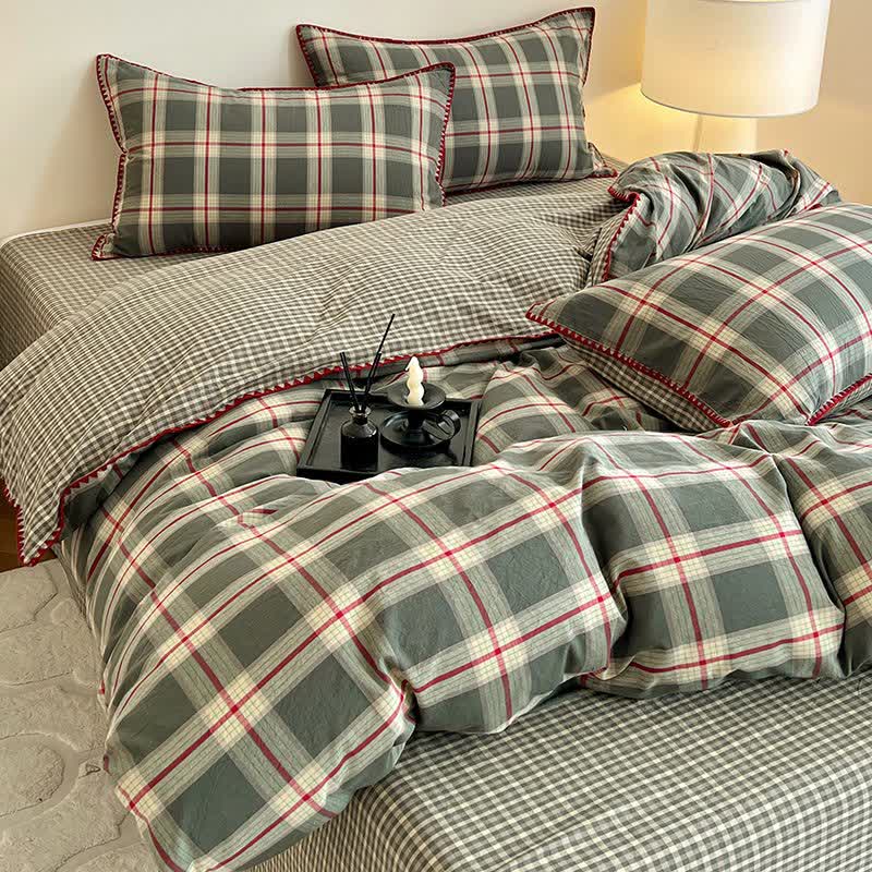 Wendbares Bettwäsche-Set aus Baumwolle mit Vintage-Karomuster - Grün - 220cm x 240cm - image 1