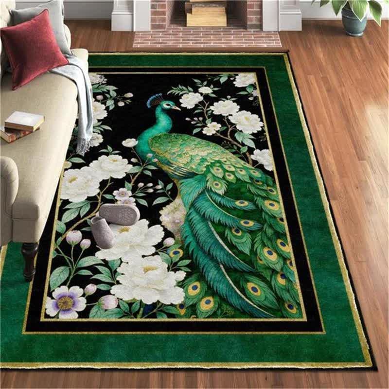 Eleganter, rutschfester Teppich mit Pfauenmuster - Dunkelgrün - 95" x 119" - image 7