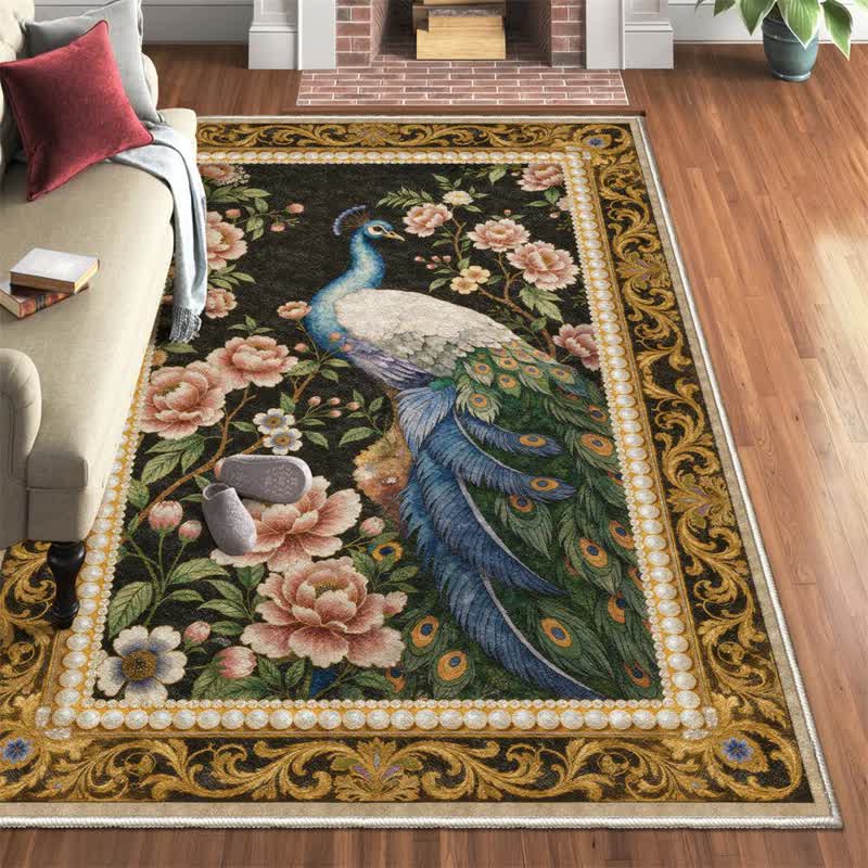 Eleganter, rutschfester Teppich mit Pfauenmuster - Schwarz & Gelb - 95" x 119" - image 0