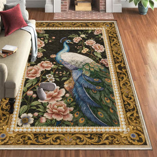 Eleganter, rutschfester Teppich mit Pfauenmuster - Schwarz & Gelb - 95" x 119" - image 0