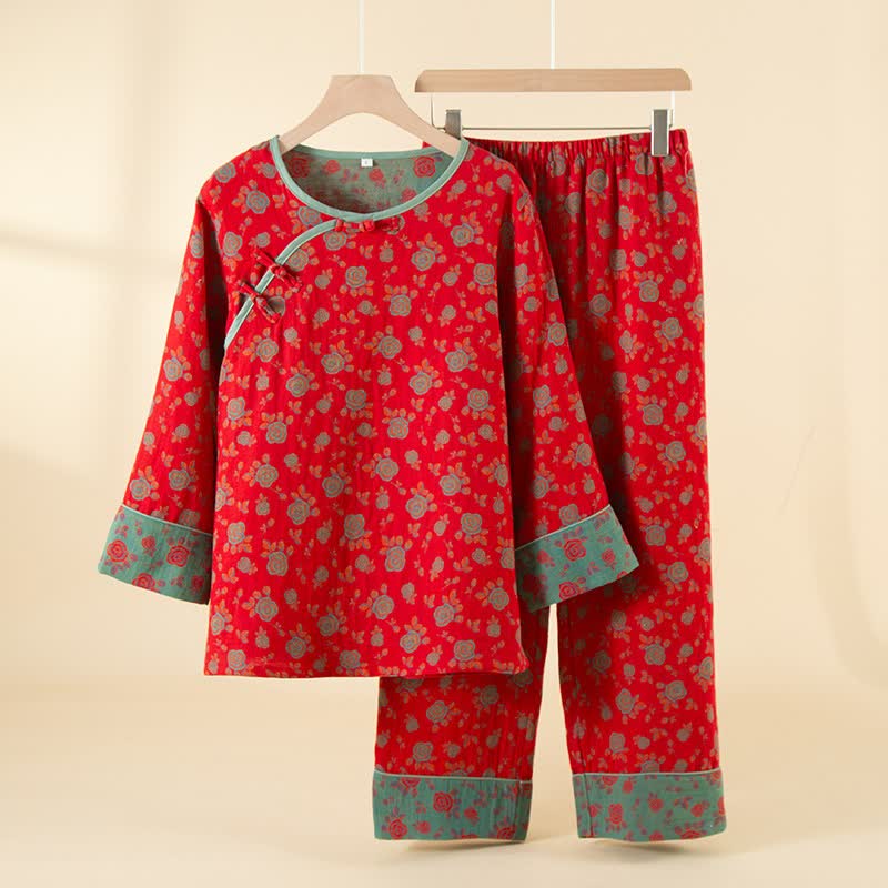 Orientalisches Vintage-Rosen-Baumwoll-Loungewear-Set - Rot - XXL - image 0
