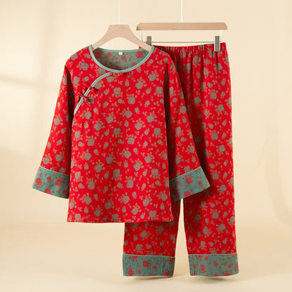 Orientalisches Vintage-Rosen-Baumwoll-Loungewear-Set - Rot - XXL - image 0