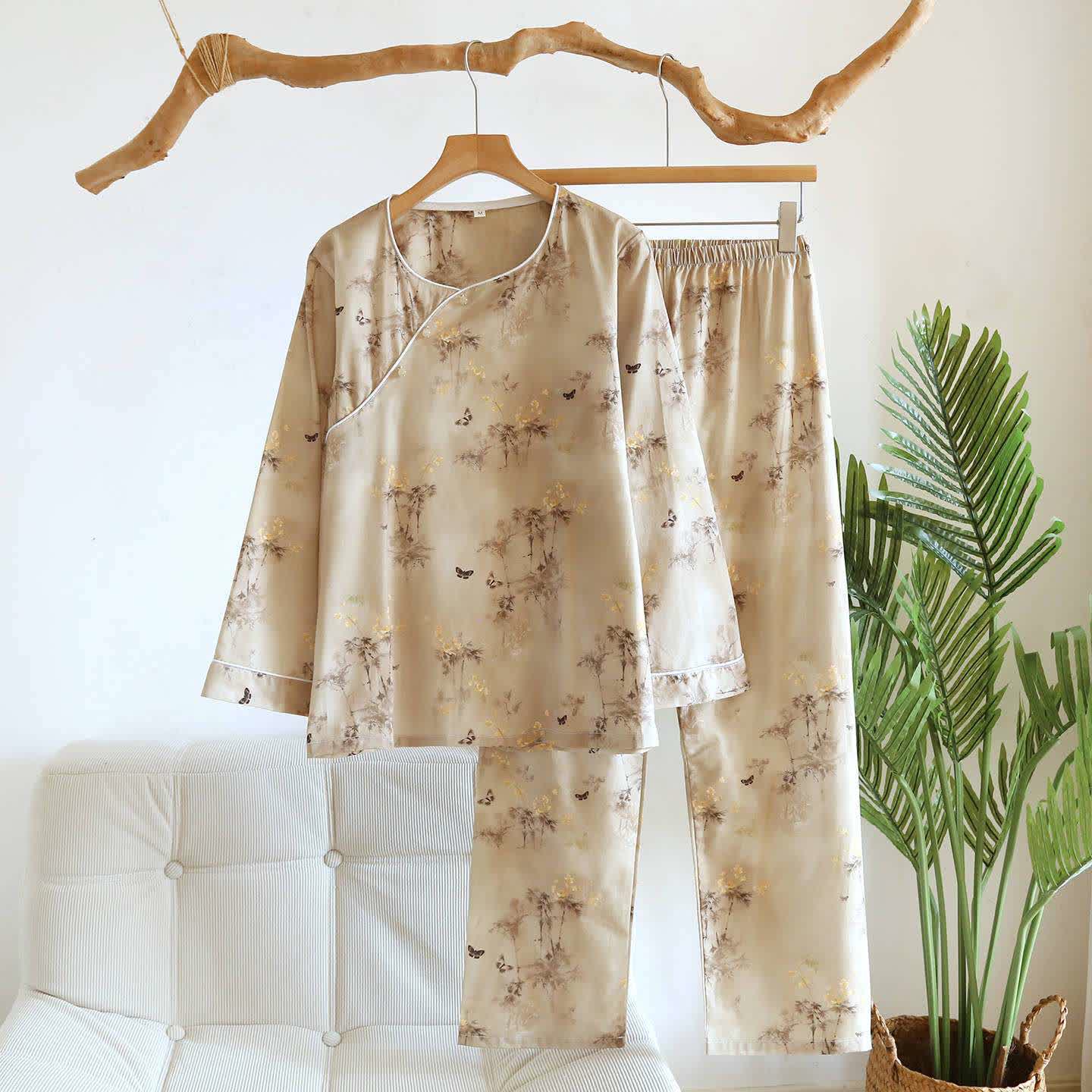 Orientalisches Bambus-Schmetterlings-Baumwoll-Loungewear-Set - Leichter Kaffee - XL - image 0