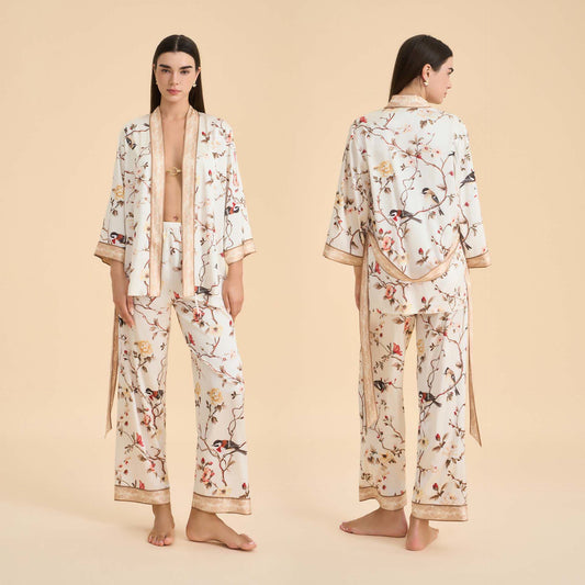 Vintage Kimono-Loungewear-Set mit Blumenmuster und Vogelmotiven - Beige - XL - image 0