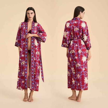 Retro-Bademantel im Kimono-Stil mit Blumenmuster - Rot - Einheitsgröße - image 0