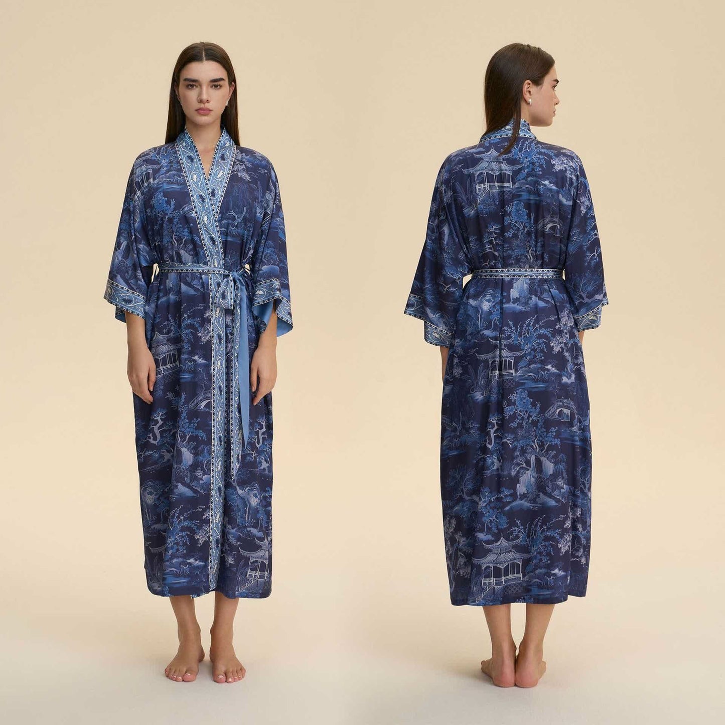 Bademantel im Kimono-Stil mit orientalischem Landschaftsmotiv - Blau - Einheitsgröße - image 0