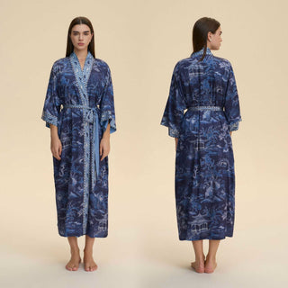 Bademantel im Kimono-Stil mit orientalischem Landschaftsmotiv - Blau - Einheitsgröße - image 0