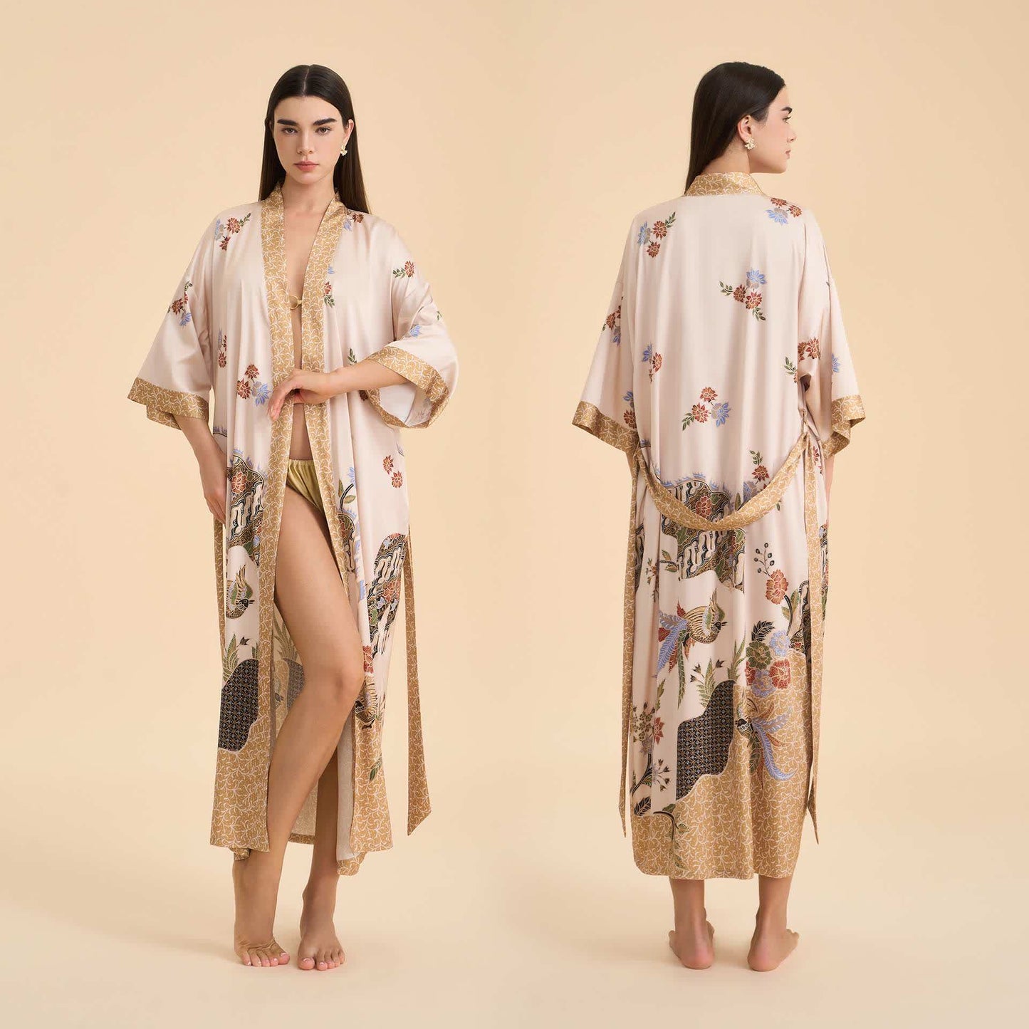 Bademantel im Kimono-Stil mit orientalischem Blumenmuster und Vogelmotiv - Beige - Einheitsgröße - image 0