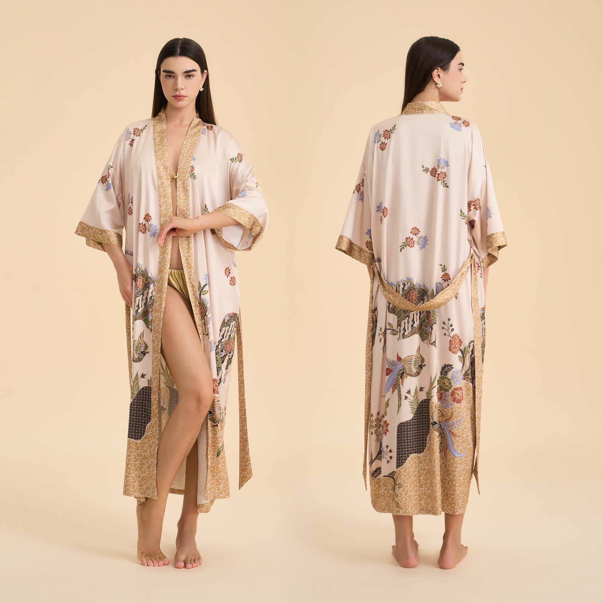 Bademantel im Kimono-Stil mit orientalischem Blumenmuster und Vogelmotiv - Beige - Einheitsgröße - image 0