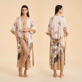 Bademantel im Kimono-Stil mit orientalischem Blumenmuster und Vogelmotiv - Beige - Einheitsgröße - image 0