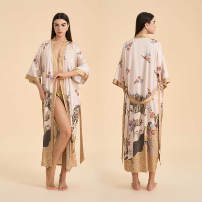 Bademantel im Kimono-Stil mit orientalischem Blumenmuster und Vogelmotiv - Beige - Einheitsgröße - image 0