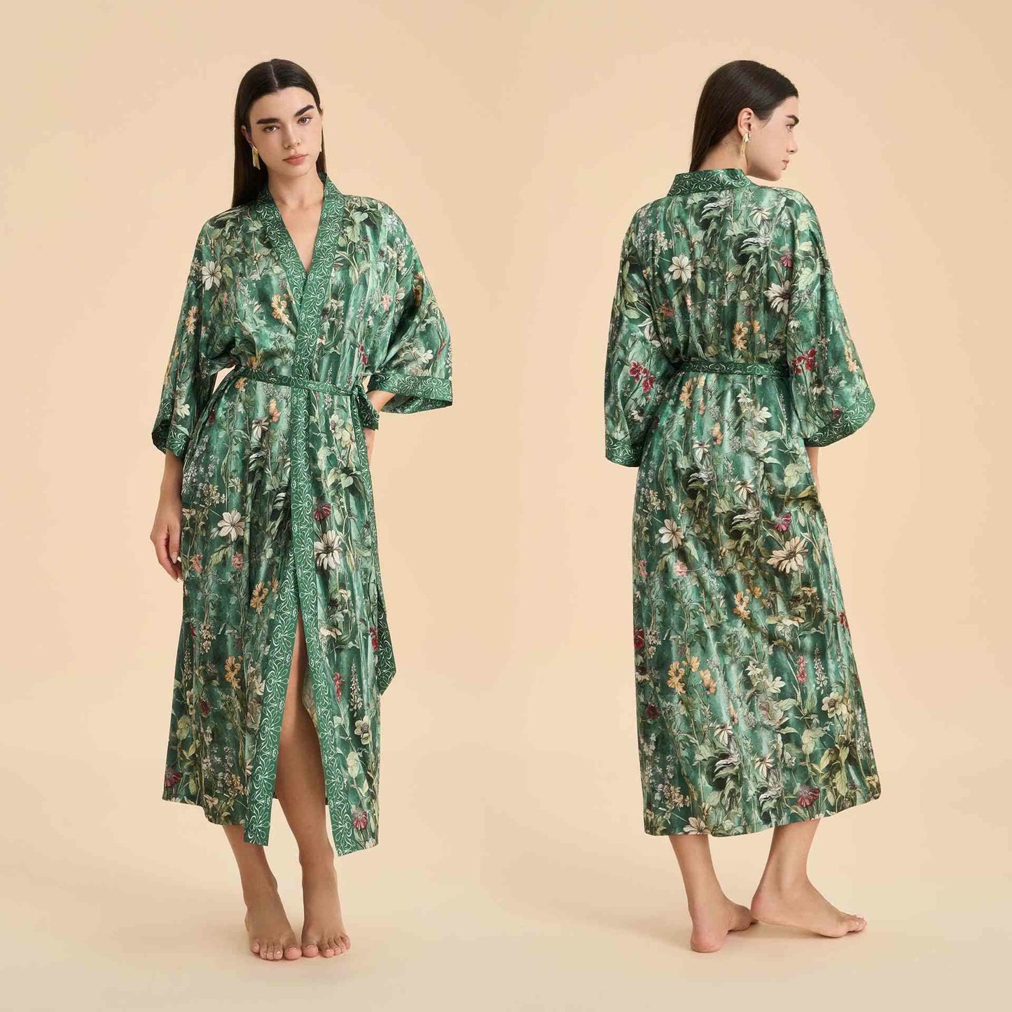 Grüner Bademantel im Kimono-Stil mit botanischem Blumenmuster - Grün - Einheitsgröße - image 0