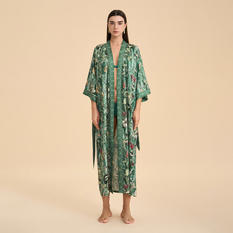 Grüner Bademantel im Kimono-Stil mit botanischem Blumenmuster - image 1