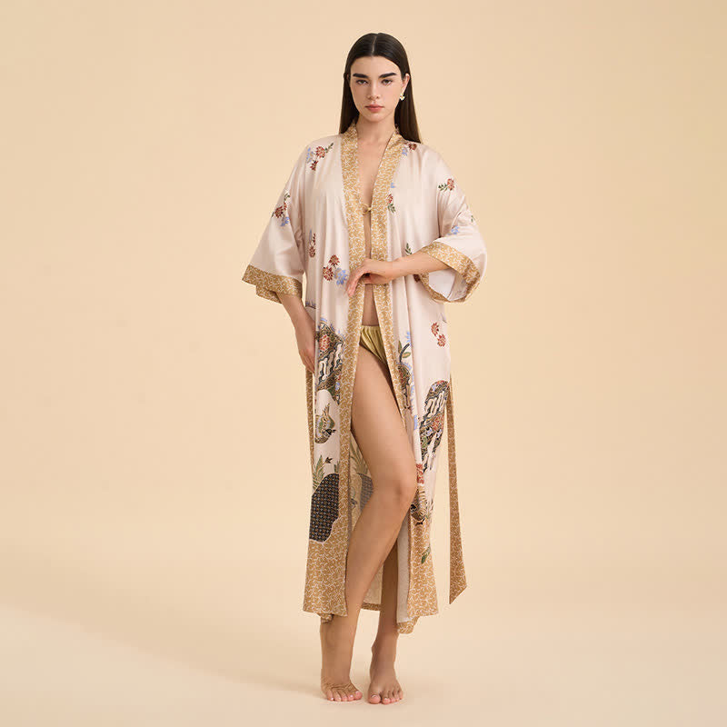 Bademantel im Kimono-Stil mit orientalischem Blumenmuster und Vogelmotiv - image 1